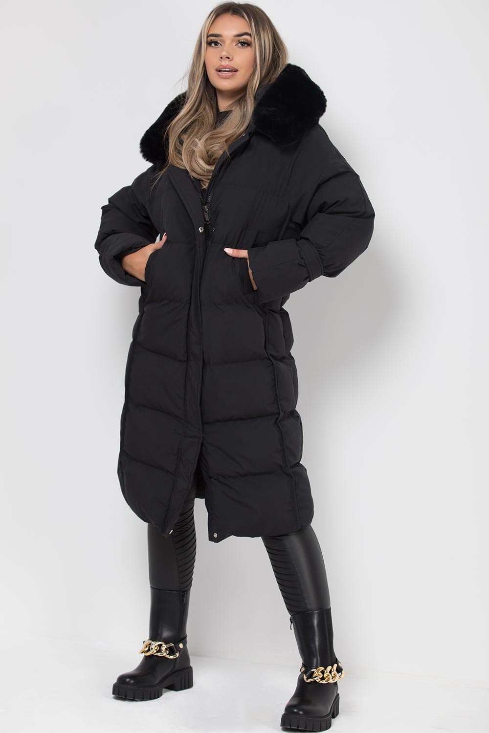 Long Puffer Down Coat With Faux Fur Hood Black