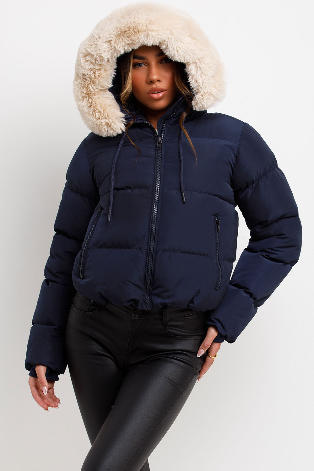 Puffer Jacket With Fur Hood Navy