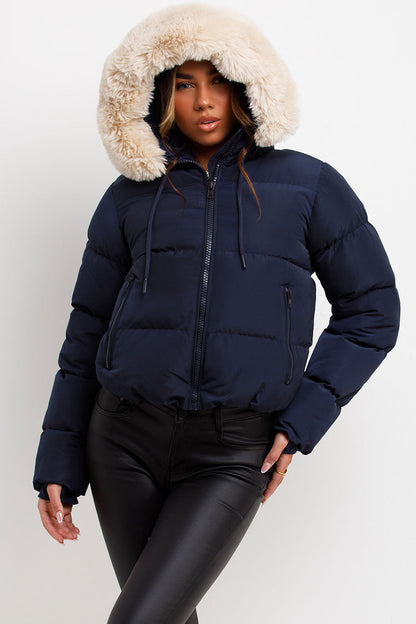 Puffer Jacket With Fur Hood Navy