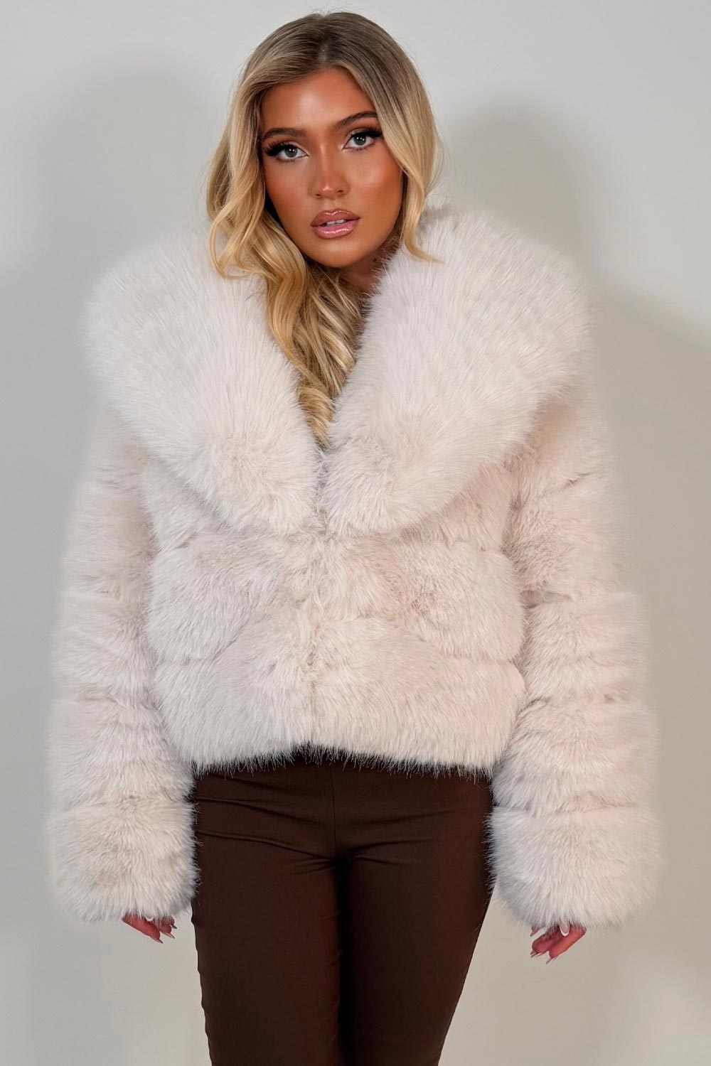 Beige Faux Fur Coat With Collar