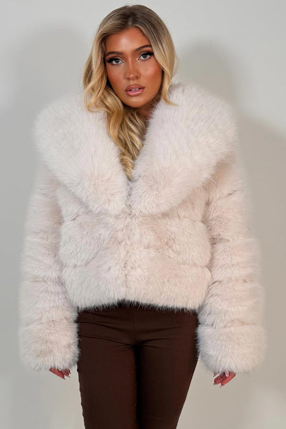 Beige Faux Fur Coat With Collar