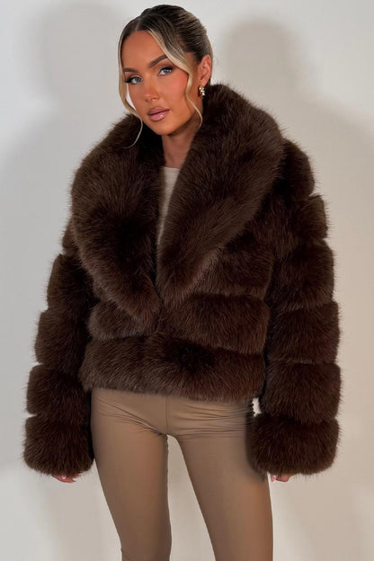 Faux Fur Coat With Collar Brown