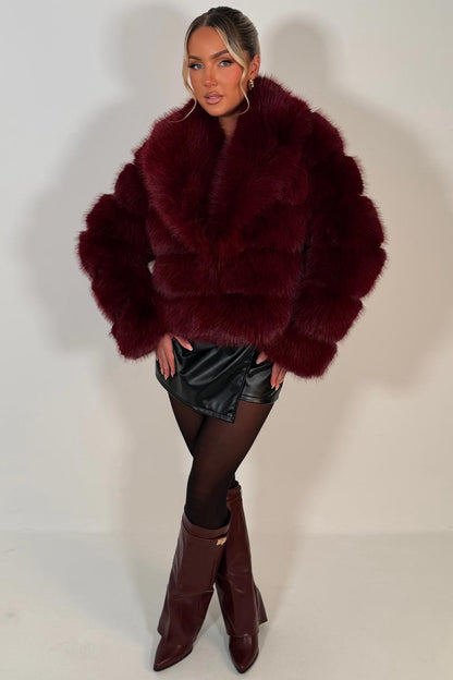 Faux Fur Coat With Collar Burgundy
