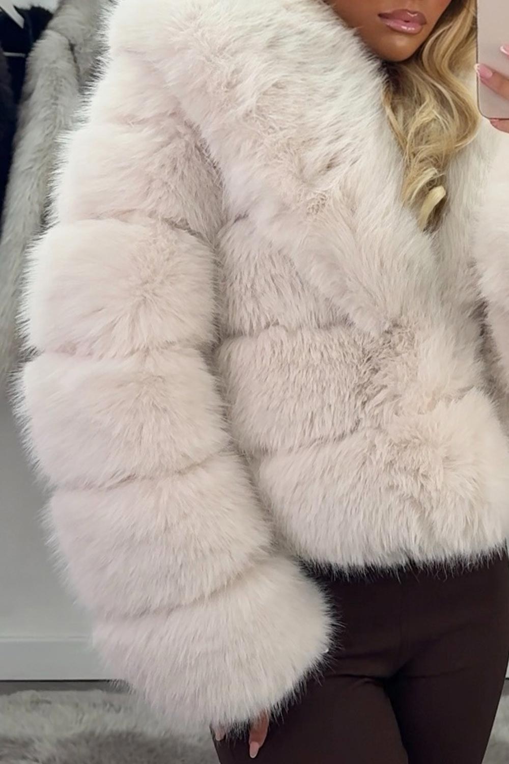 Beige Faux Fur Coat With Collar