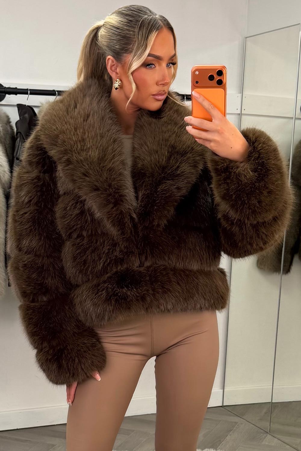 Faux Fur Coat With Collar Brown