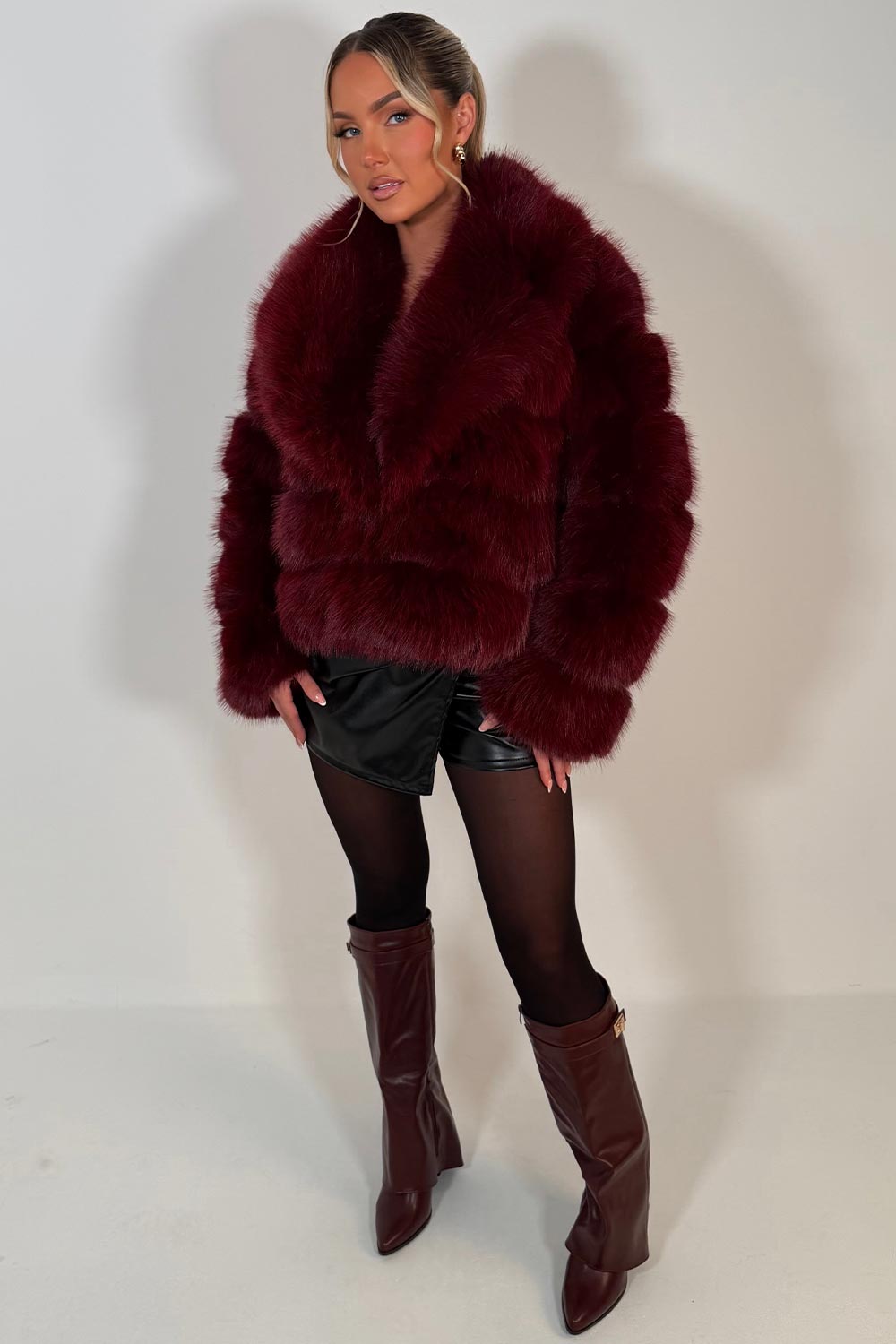 Faux Fur Coat With Collar Burgundy