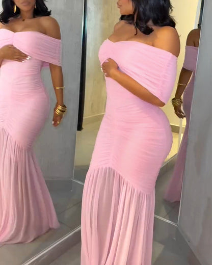 Foldover Off Shoulder Ruched Cinched Waist Minimalist Evening Dress Slim Fit Mermaid Hem Party Dress