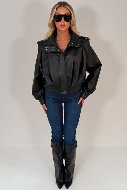 Black Faux Leather Funnel Neck Bomber Jacket