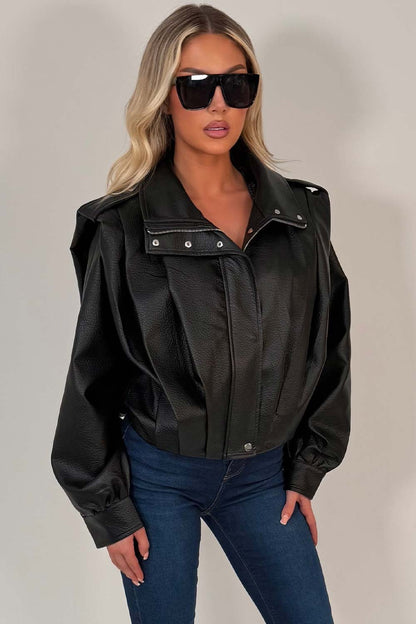 Black Faux Leather Funnel Neck Bomber Jacket