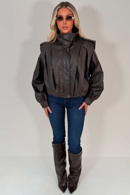 Brown Faux Leather Funnel Neck Bomber Jacket