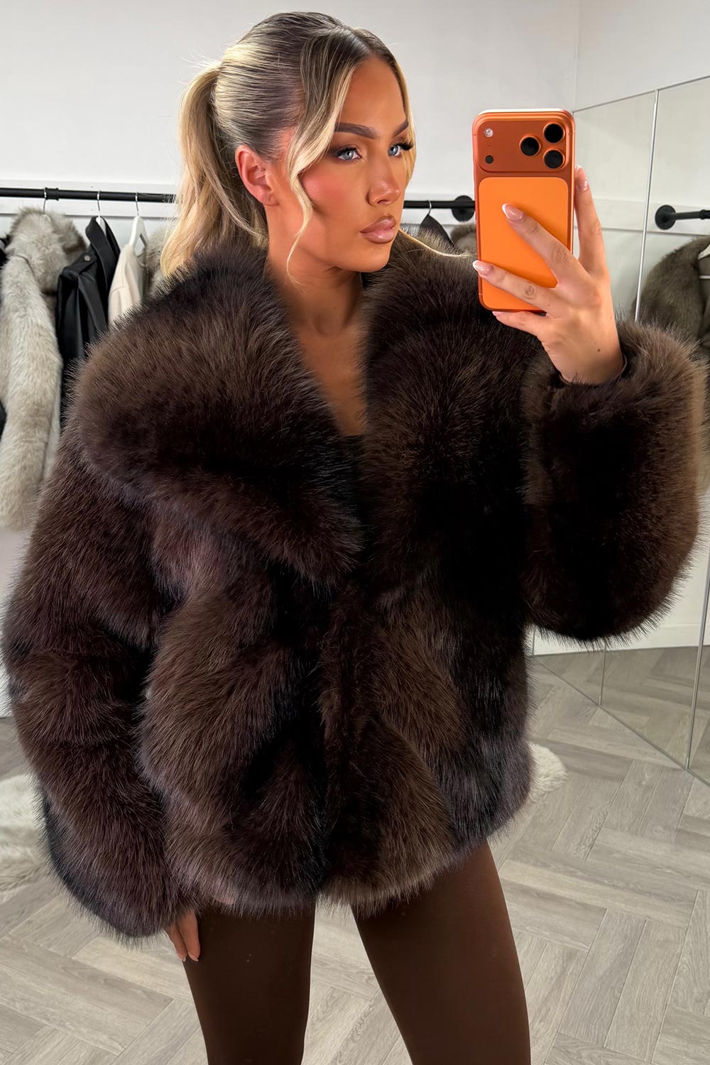 Faux Fur Jacket Collared Brown Colourway