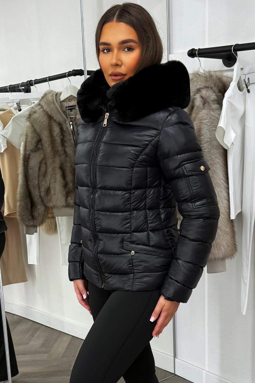 Black Shiny Puffer Jacket With Fur Hood