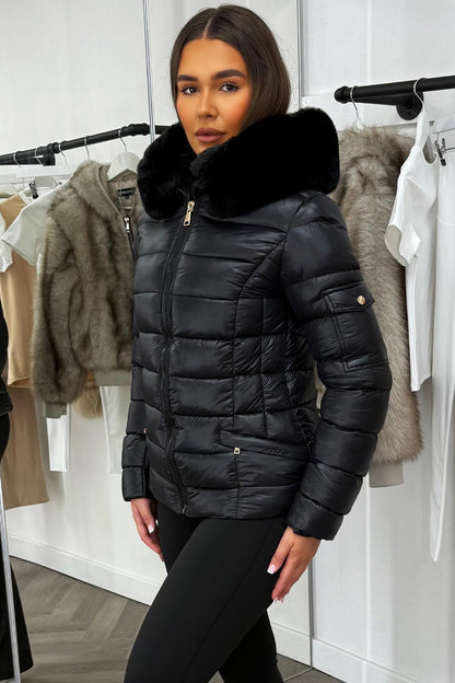 Black Shiny Puffer Jacket With Fur Hood