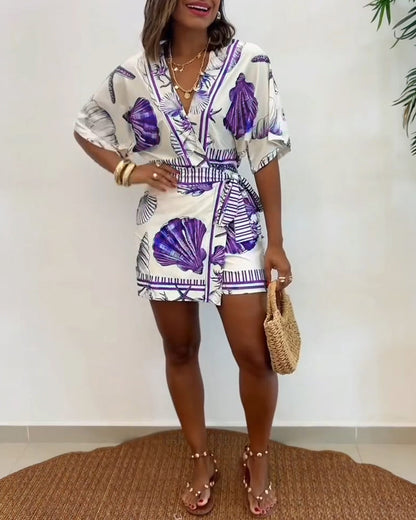Starfish & Seashell Print Overlap V Neck Half Sleeve Wrap Knot Side Romper Casual Stretchy Back Waist Vacation Romper