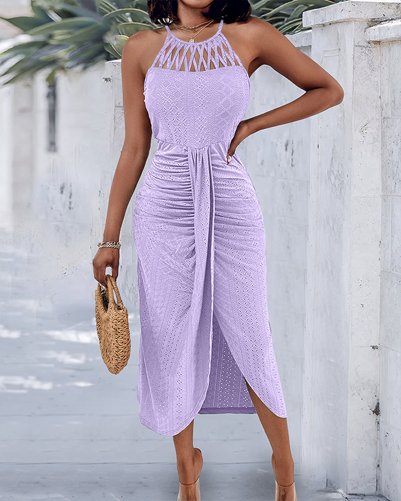 Halter Tie Criss Cross Front Knit Jacquard Textured Slit Dress Casual Hollow-out Draped Vacation Dress