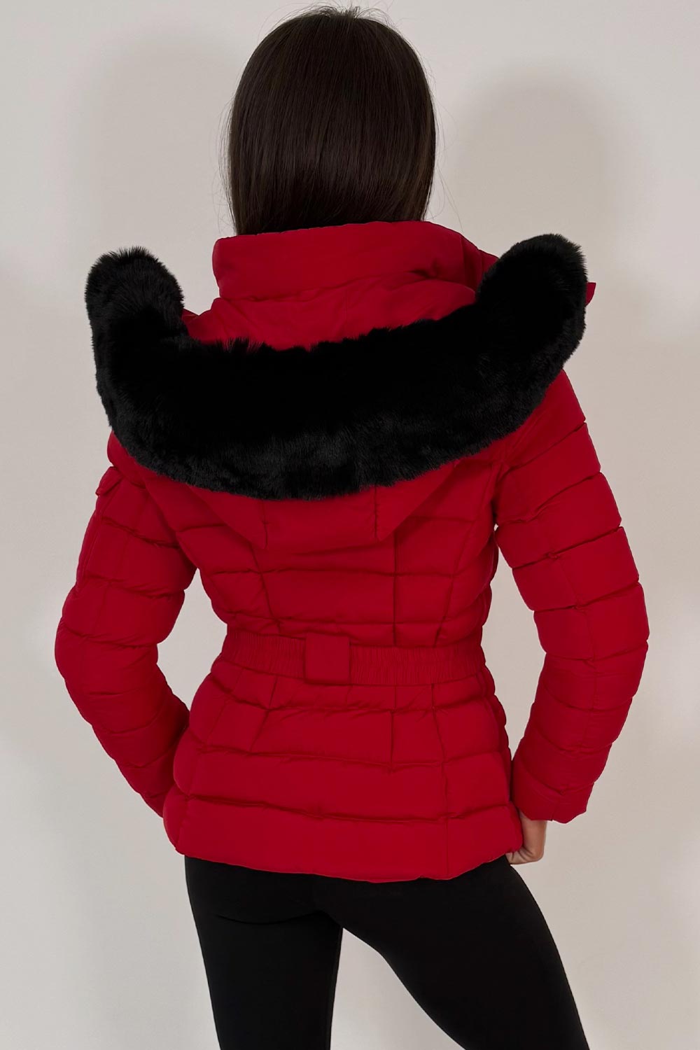 Puffer Padded Winter Jacket With Faux Fur Hood Red
