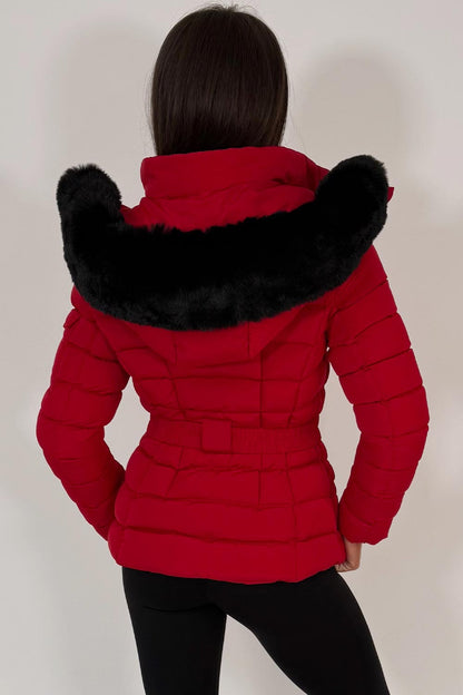 Puffer Padded Winter Jacket With Faux Fur Hood Red