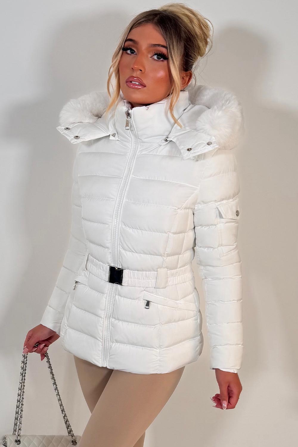 Puffer Padded Winter Jacket With Faux Fur Hood White