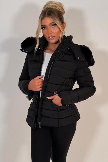 Black Puffer Padded Winter Jacket With Faux Fur Hood
