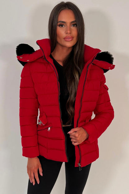 Puffer Padded Winter Jacket With Faux Fur Hood Red