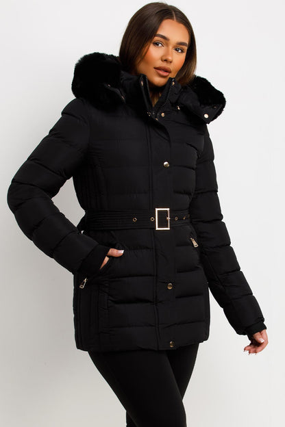 Black Puffer Coat With Faux Fur Hood And Belt