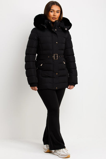 Black Puffer Coat With Faux Fur Hood And Belt