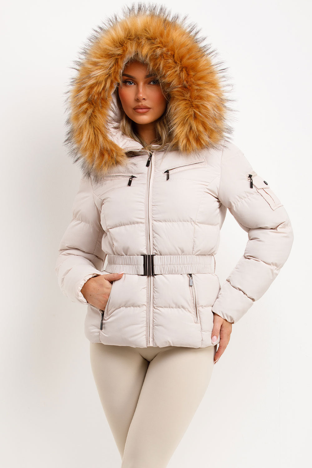 Faux Fur Hood Puffer Jacket With Belt Beige
