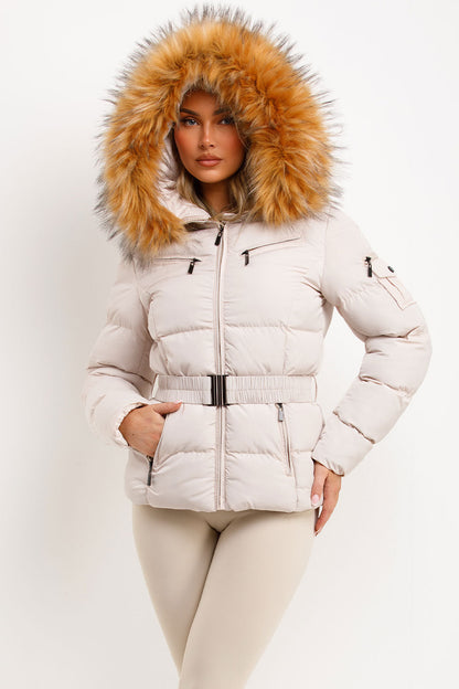 Faux Fur Hood Puffer Jacket With Belt Beige