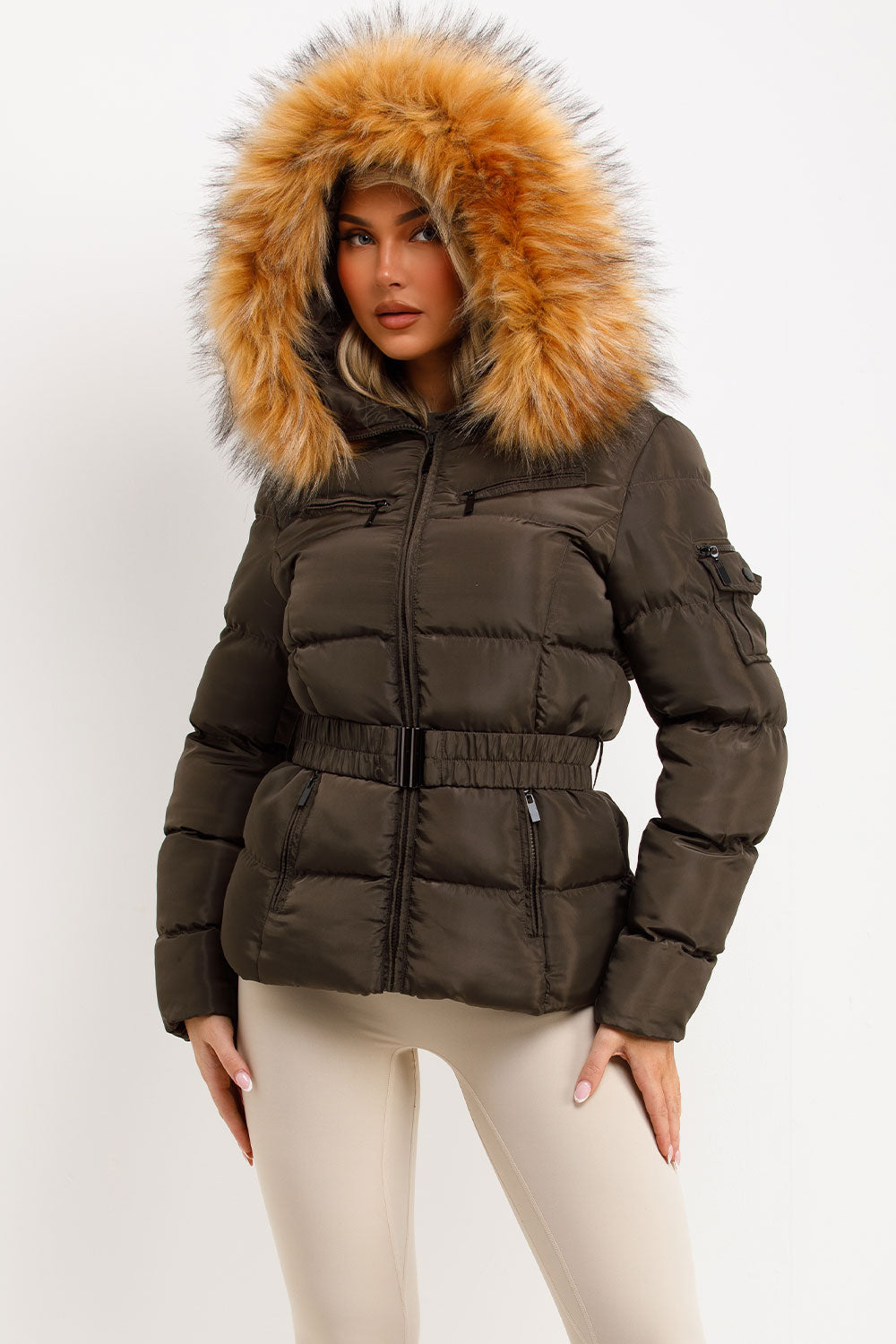 Faux Fur Hood Puffer Jacket With Belt Khaki