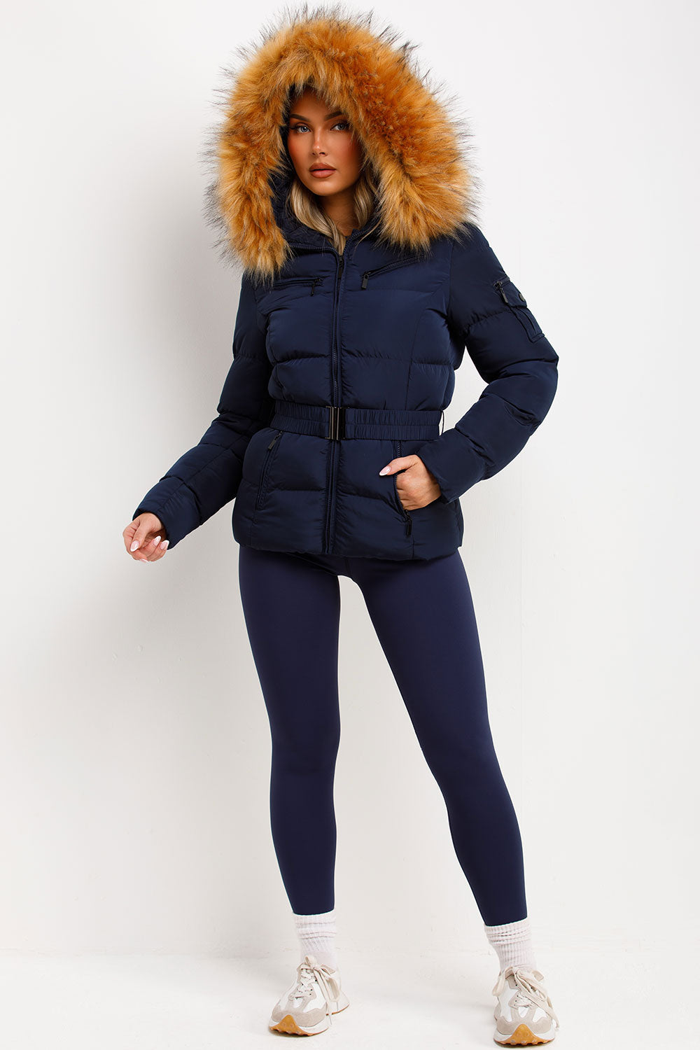 Navy Faux Fur Hooded Jacket With Belt