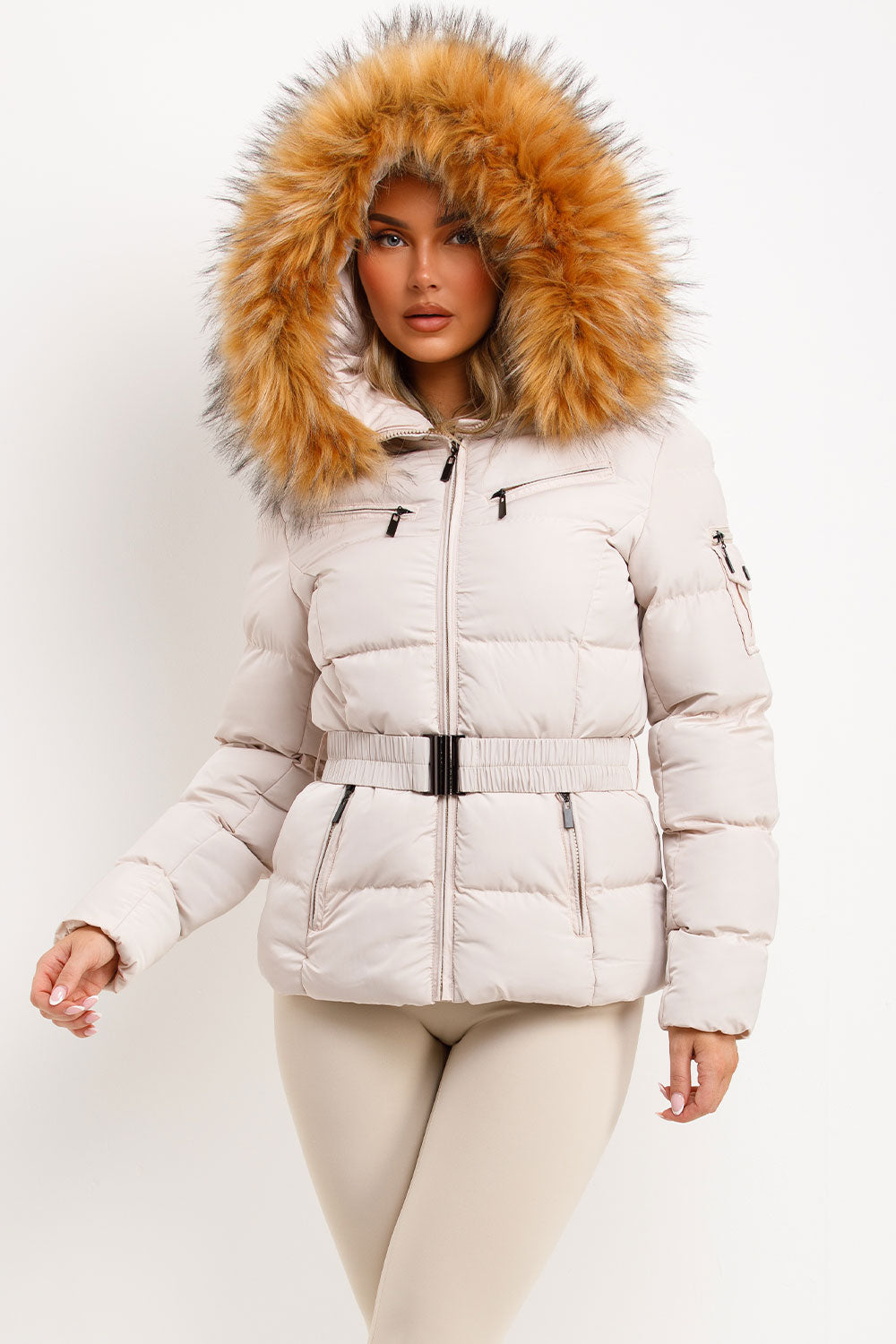 Faux Fur Hood Puffer Jacket With Belt Beige