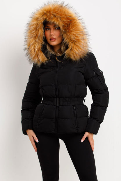 Faux Fur Hood Puffer Jacket With Belt Black