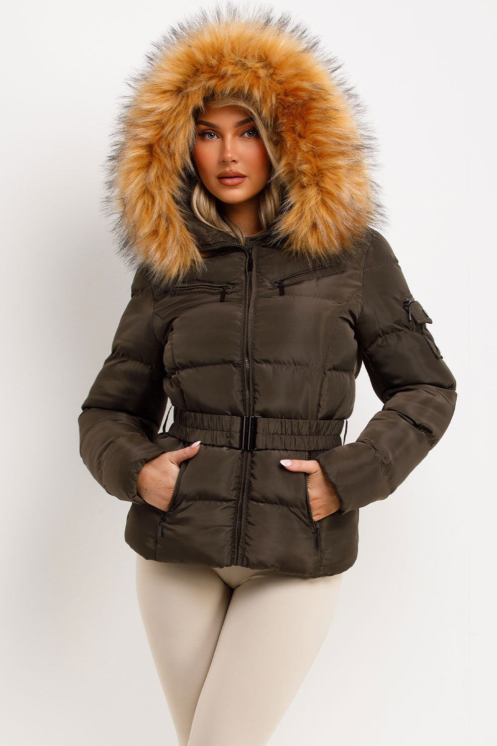 Faux Fur Hood Puffer Jacket With Belt Khaki