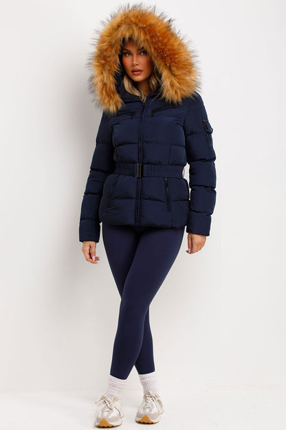 Navy Faux Fur Hooded Jacket With Belt