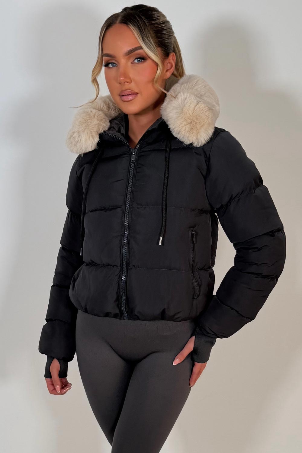 Puffer Jacket With Fur Hood Charcoal Grey