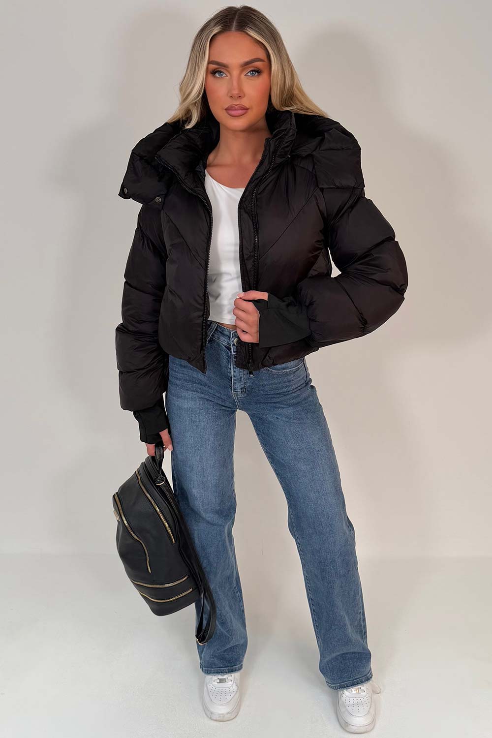 Black Puffer Padded Jacket With Hood
