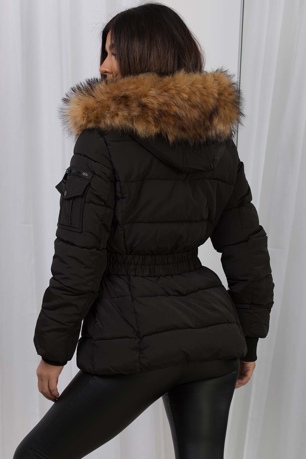 Faux Fur Hood Puffer Jacket With Belt Black