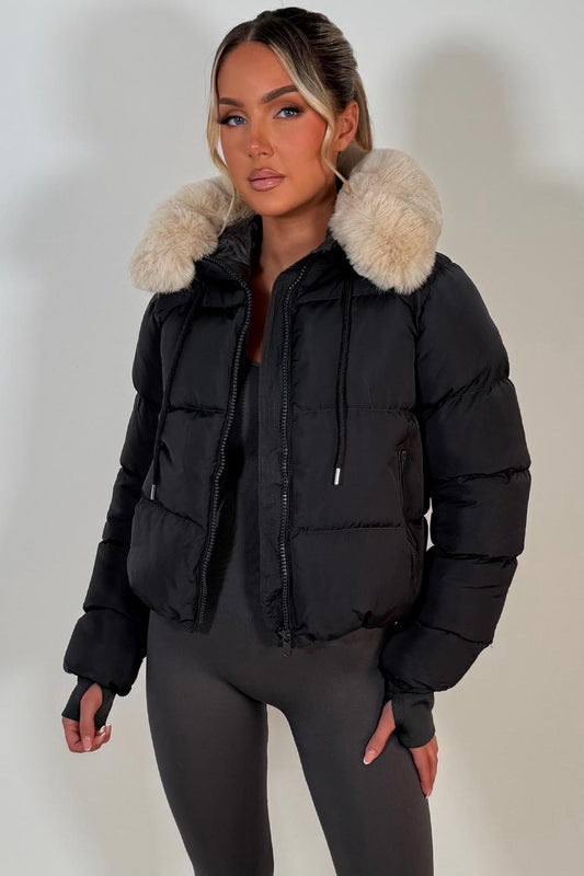 Puffer Jacket With Fur Hood Charcoal Grey