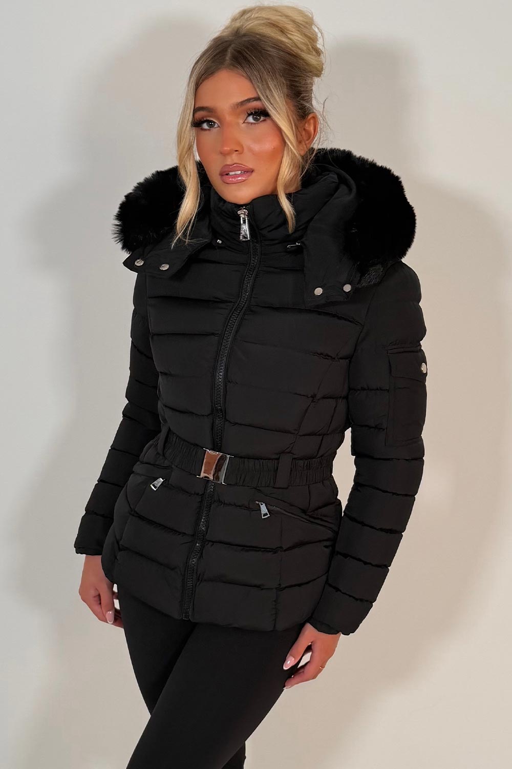 Black Puffer Padded Winter Jacket With Faux Fur Hood