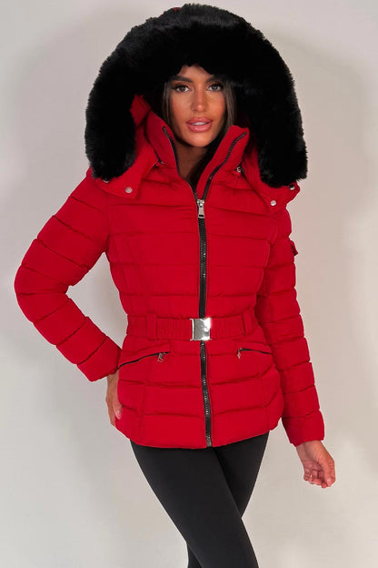 Puffer Padded Winter Jacket With Faux Fur Hood Red