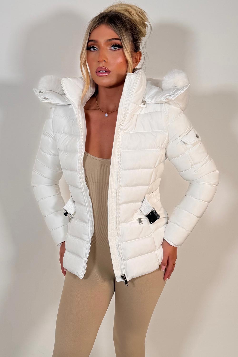 Puffer Padded Winter Jacket With Faux Fur Hood White