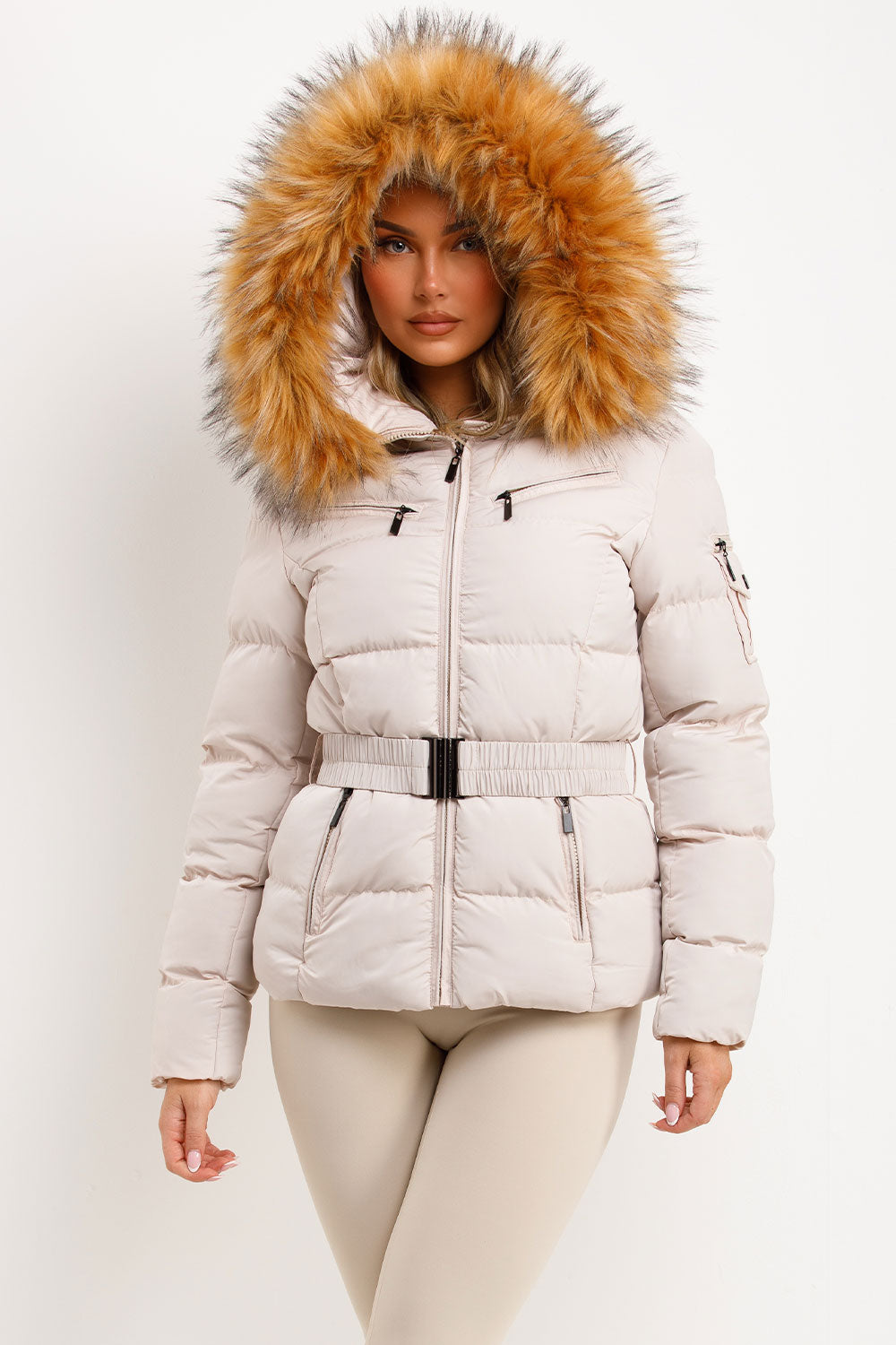 Faux Fur Hood Puffer Jacket With Belt Beige