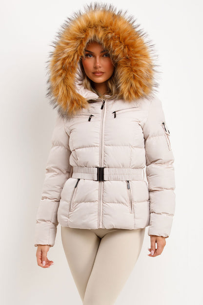 Faux Fur Hood Puffer Jacket With Belt Beige