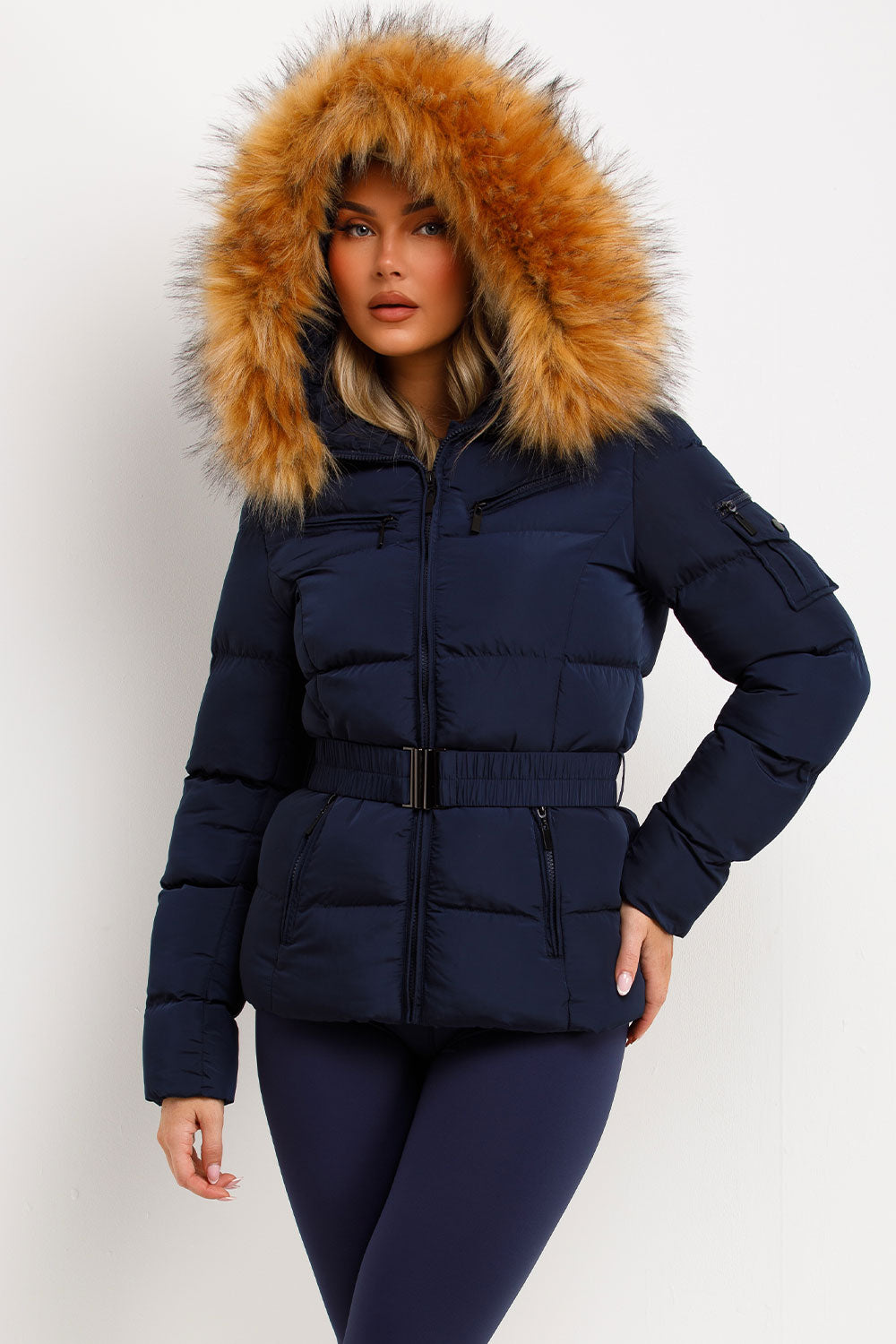 Navy Faux Fur Hooded Jacket With Belt