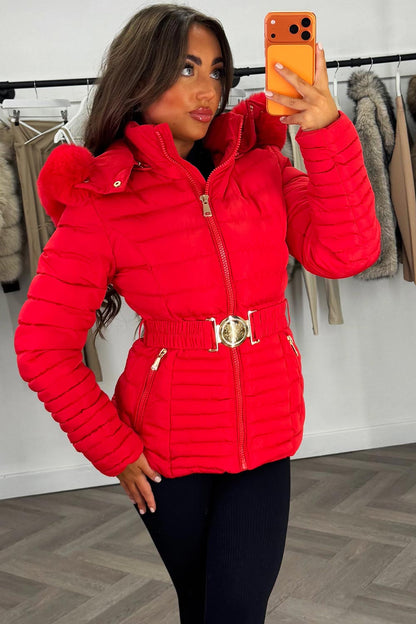 Red Puffer Jacket With Faux Fur Hood And Gold Belt