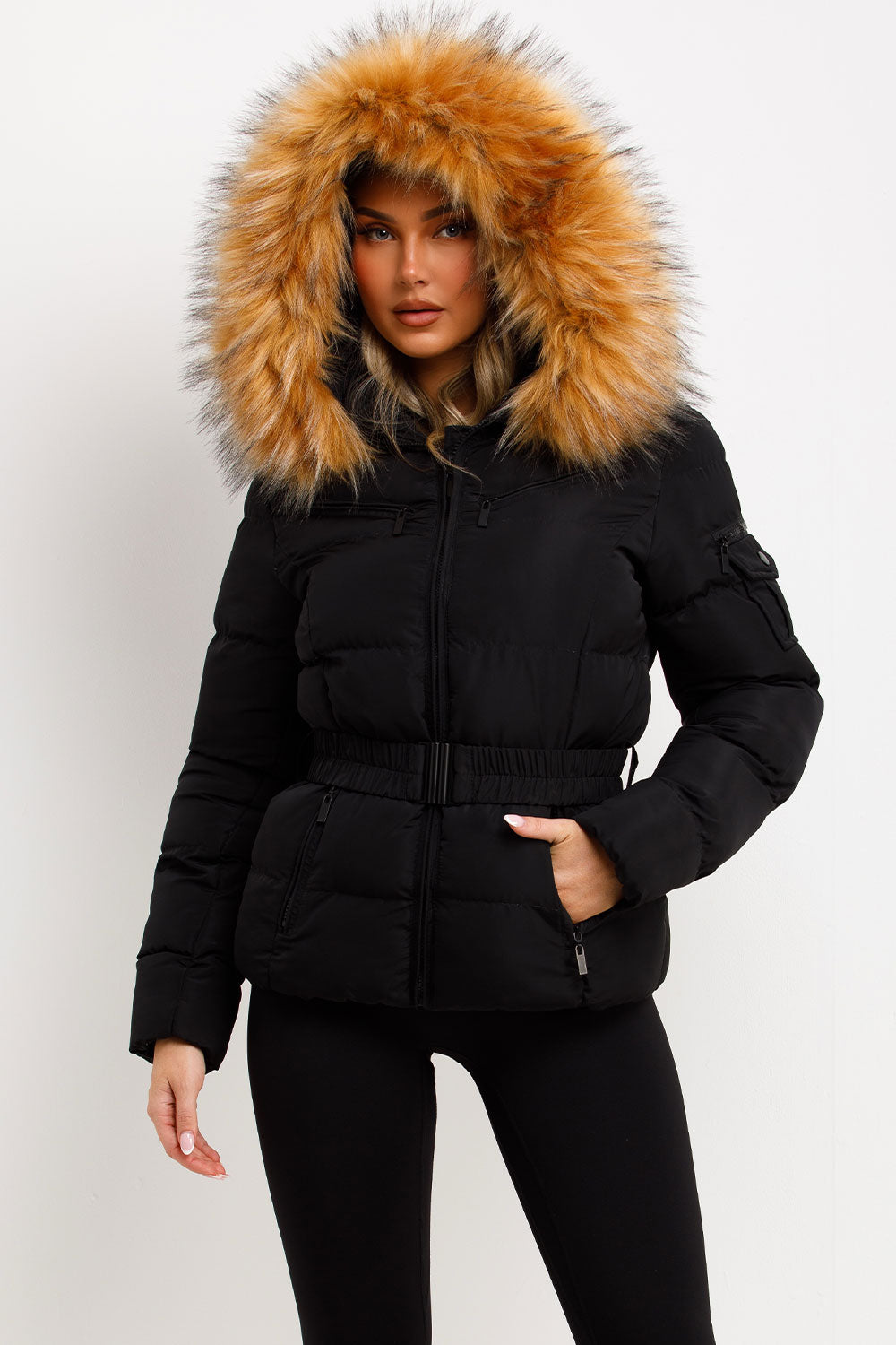 Faux Fur Hood Puffer Jacket With Belt Black