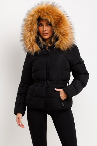 Faux Fur Hood Puffer Jacket With Belt Black