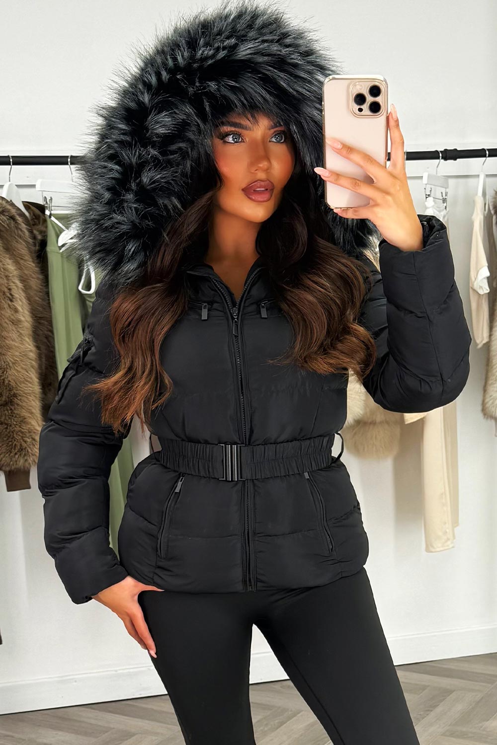 Faux Fur Hooded Jacket With Belt