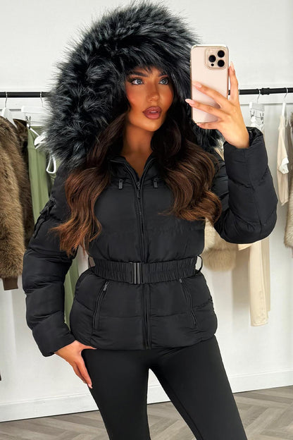 Faux Fur Hooded Jacket With Belt
