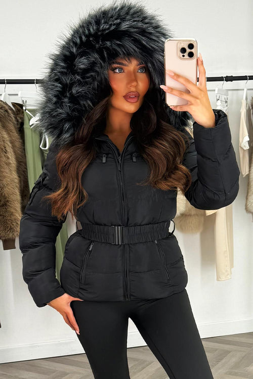 Faux Fur Hooded Jacket With Belt